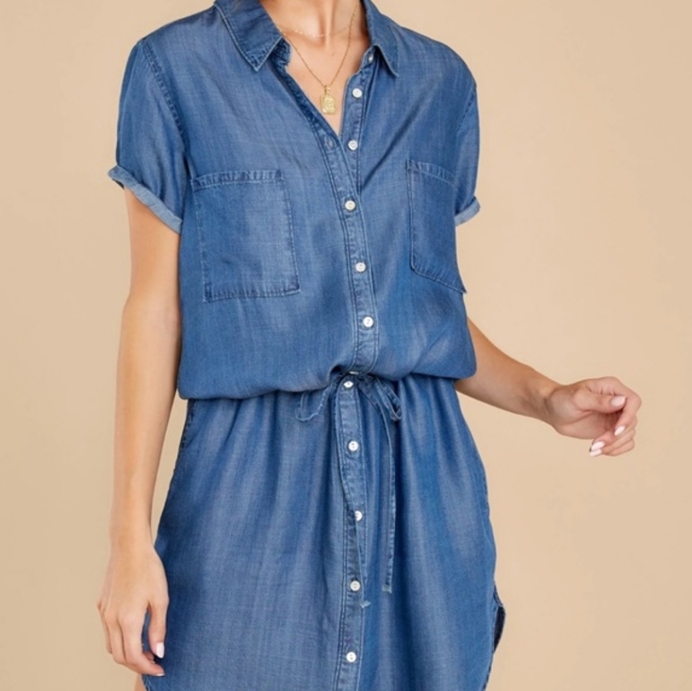 Chambray Denim Button Down Drawstring Dress - image 2